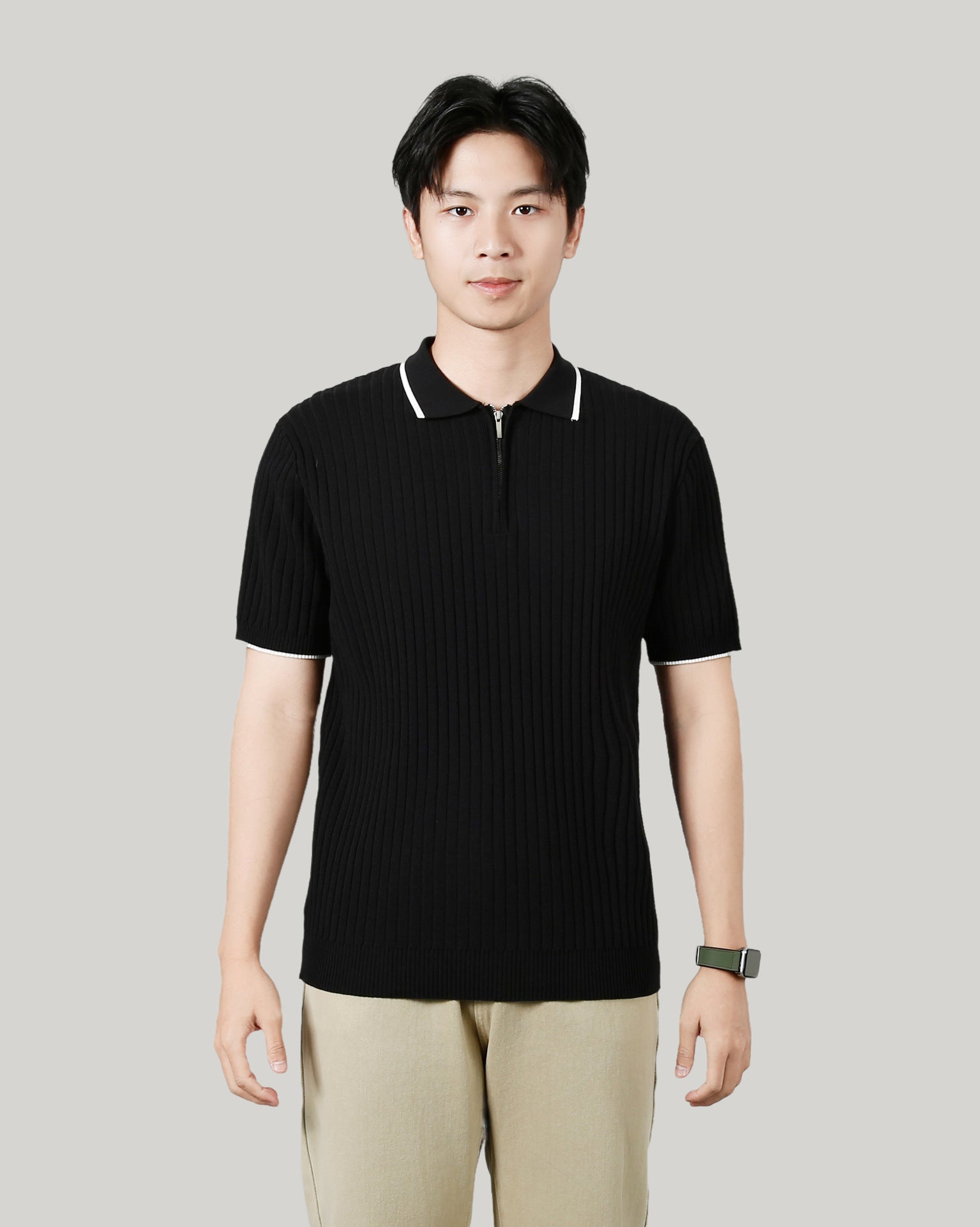 Men's Half-zip Ice Silk Knitted Lapel Vertical Striped Top