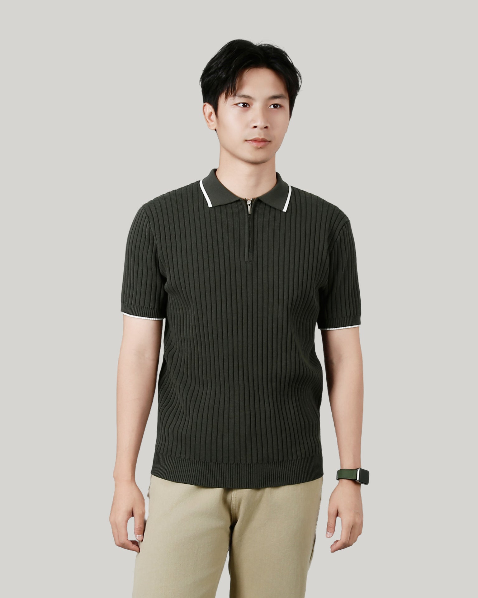 Men's Half-zip Ice Silk Knitted Lapel Vertical Striped Top