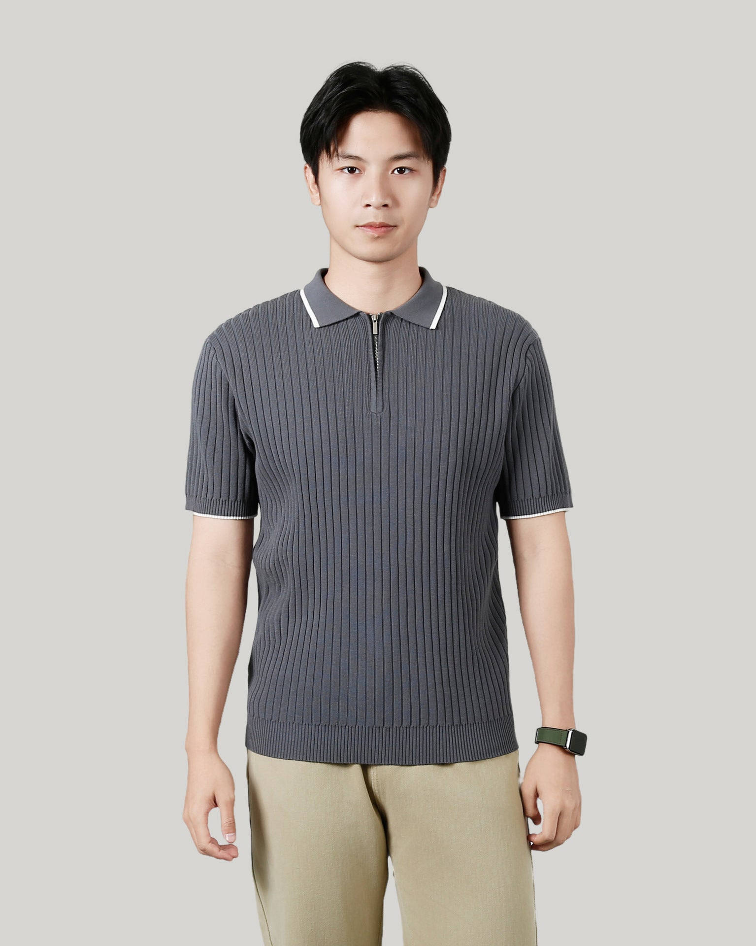 Men's Half-zip Ice Silk Knitted Lapel Vertical Striped Top