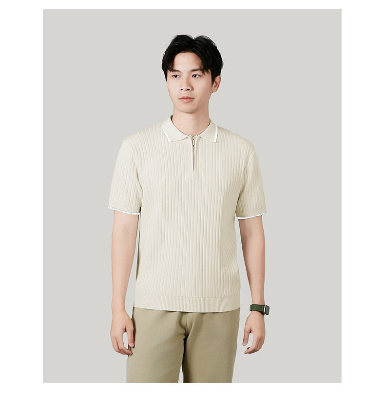 Men's Half-zip Ice Silk Knitted Lapel Vertical Striped Top